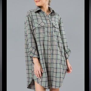 entro Green Plaid Button-Front Shirt Dress
